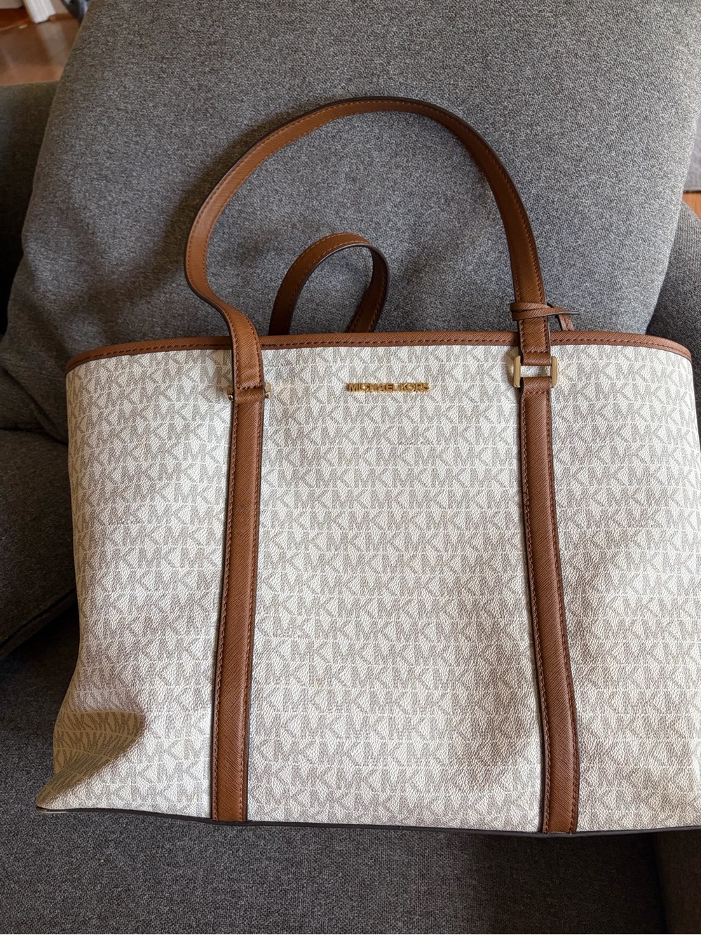Michael Kors Beige Logo Tote with Brown Trim and Gold Hardware